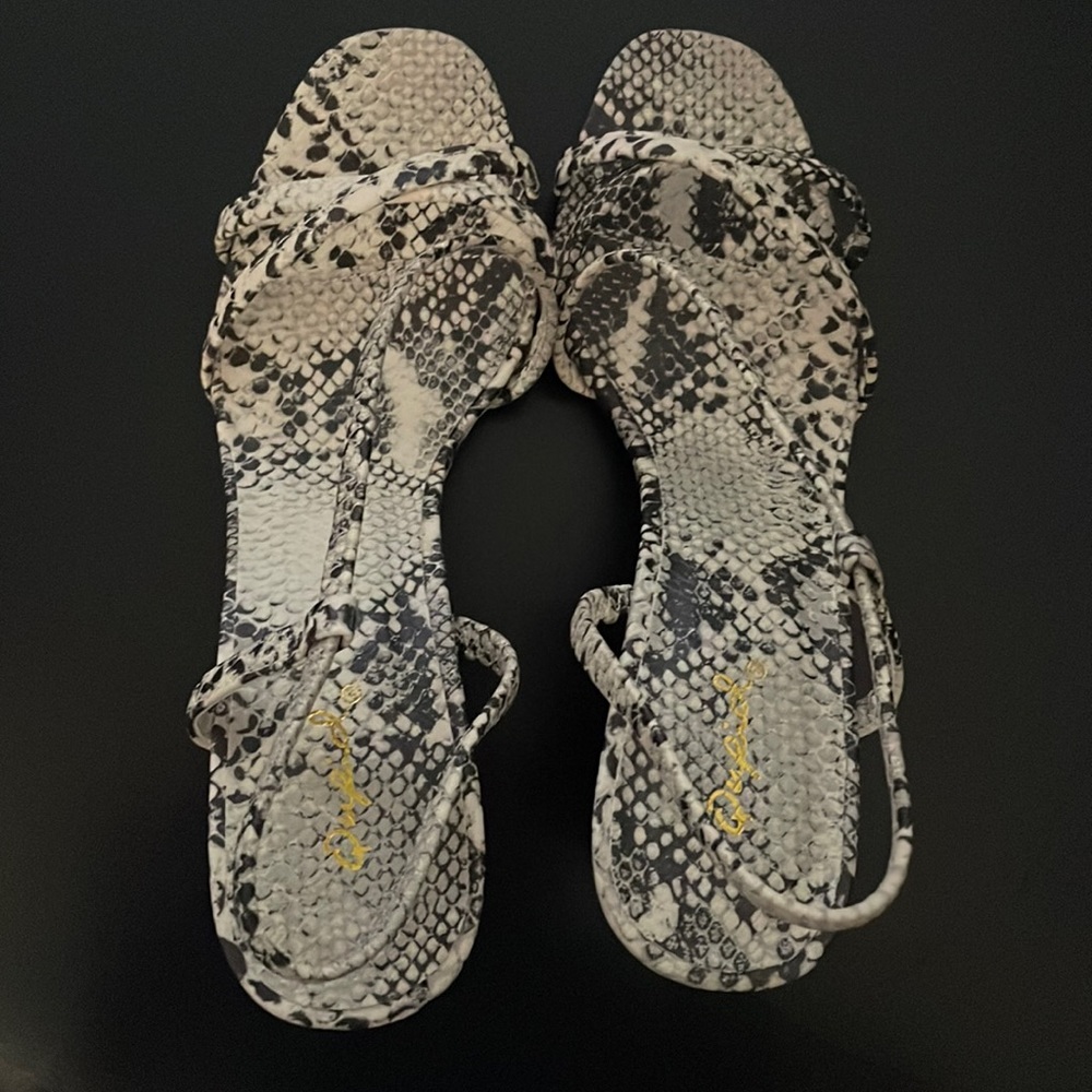 Qupid Beige and Black Snakeskin Strappy High Heel Sandals